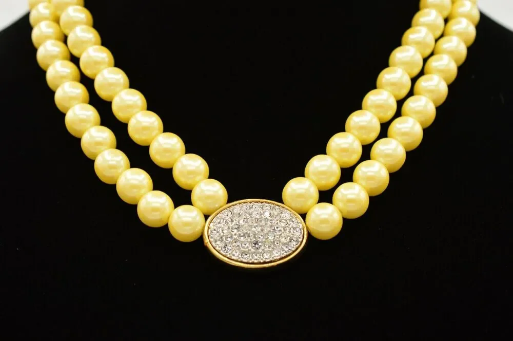 Avon Vintage Statement Collar Necklace Double Pearl Rhinestone Gold PL Signed 9J